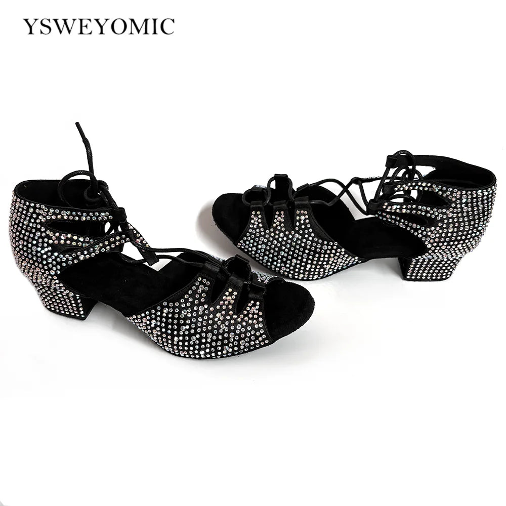 Souliers de danse latine femme strass 4cm square heel — Roza - vue de profil