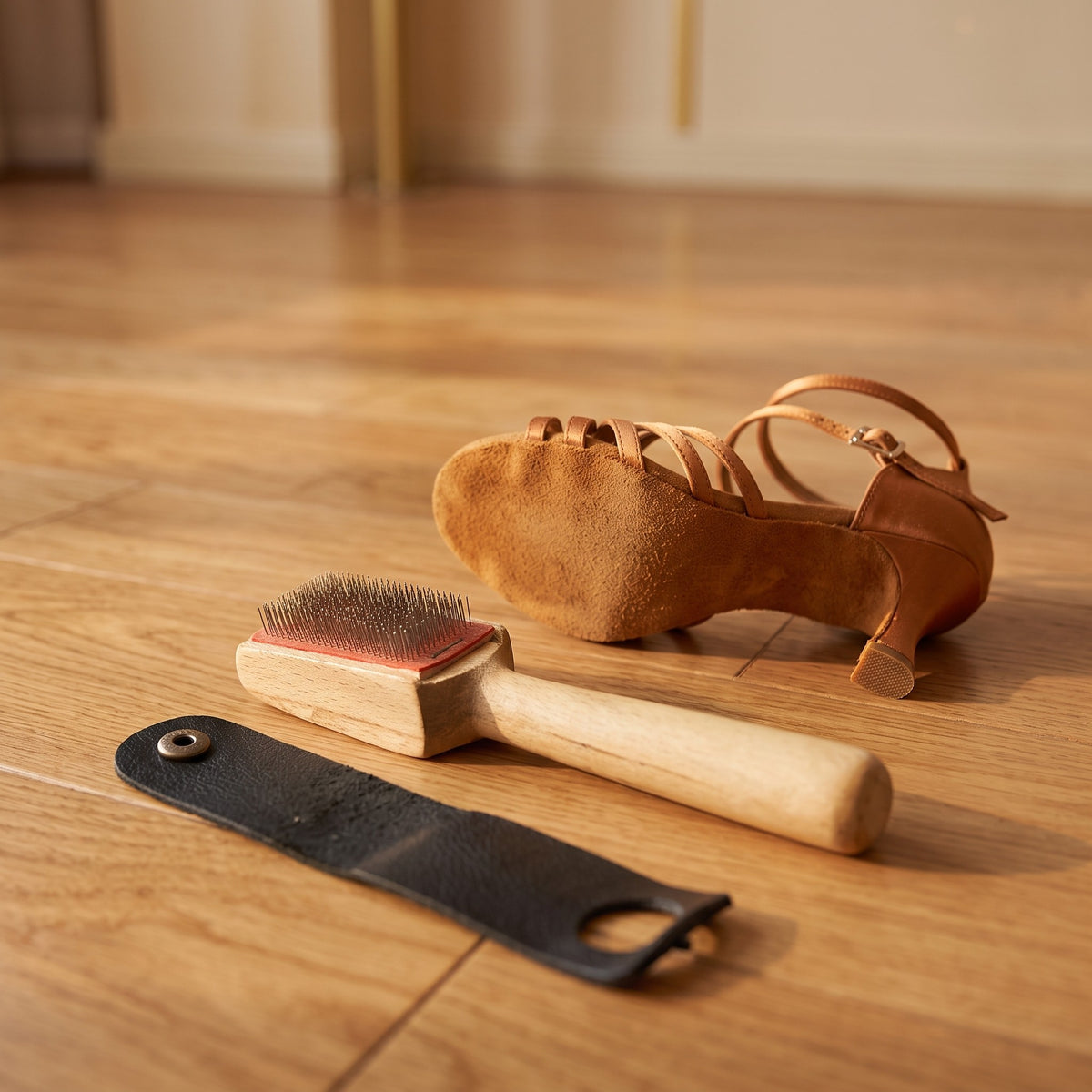 Brosse pour semelle daim posée sur un parquet de danse, à côté d'une sandale de danse latine en satin caramel