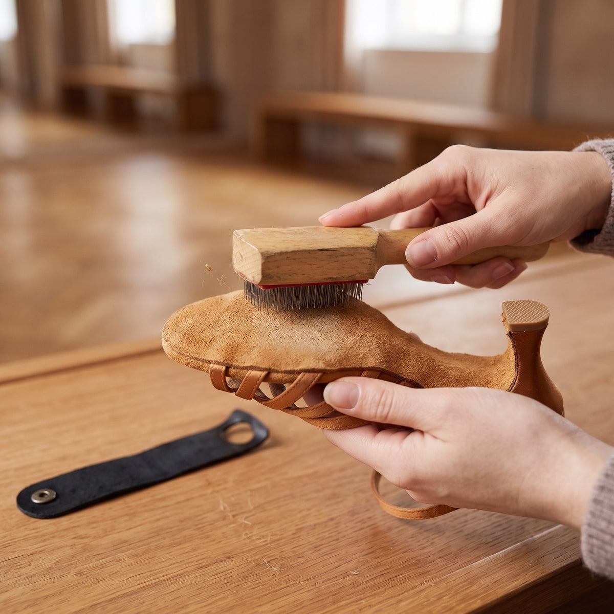 Brossage de la semelle en daim d'une chaussure de danse avec la brosse à poils métalliques