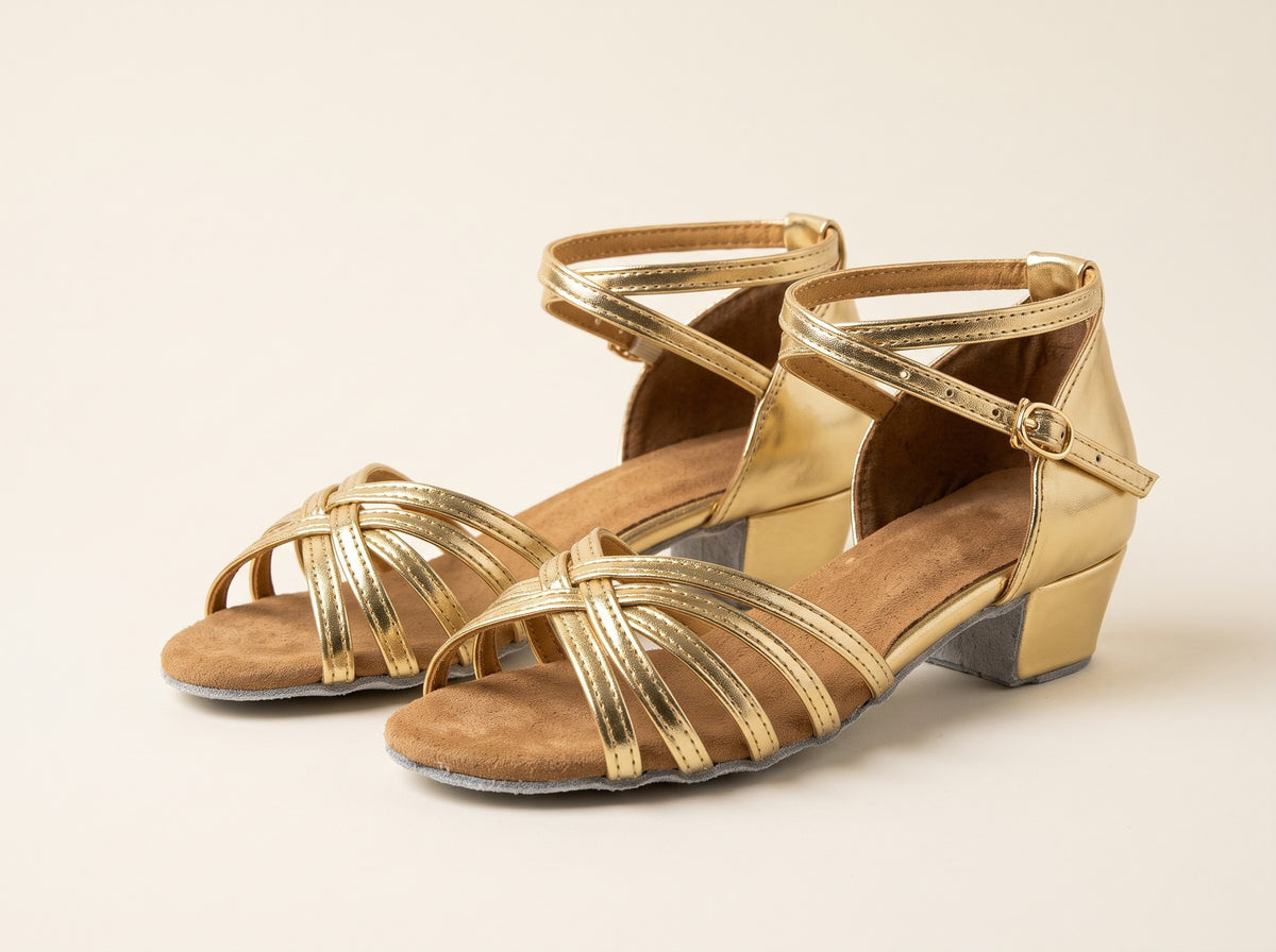 Chaussures de danse latine fille à brides croisées, coloris doré, talon 3,5 cm