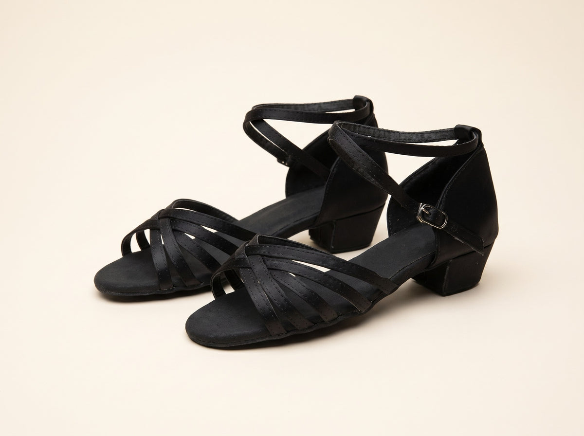 Chaussures de danse latine fille à brides croisées, satin noir, talon 3,5 cm